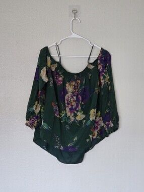 Maeve Silk Tallie Open Shoulder Blouse Green Floral Anthropologie